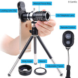 Universal 3in1 Lens Kit with Bluetooth Remote Control Camera Shutter + 12x Telephoto + Macro + Wide Angle Lenses