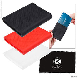 CamKix Sleeve Compatible with Samsung T5 / T3 / T1 SSD - Set of 3 - Silicone Scratch and Shock Proof Case - Red, Black and Transparent - Non-Slip Rubber Skin for Your External Drive